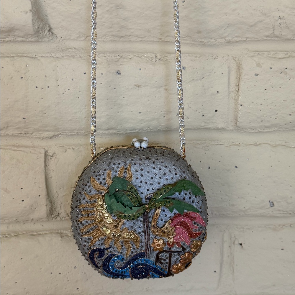 Mary Frances Beaded Floral Round Evening Bag - Silver with Green & Pink Accents